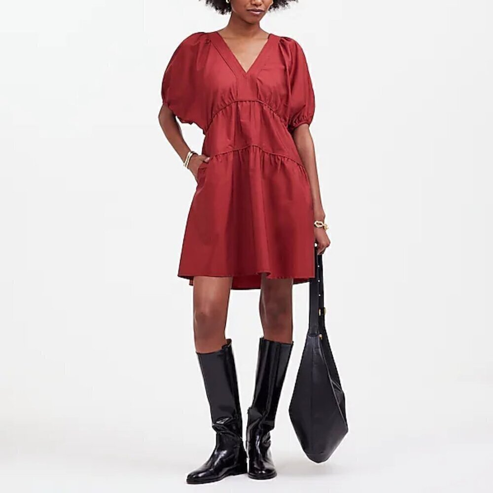 Madewell Puff Sleeve Cotton Poplin Tiered Skirt Mini Dress Claret Size M NWT